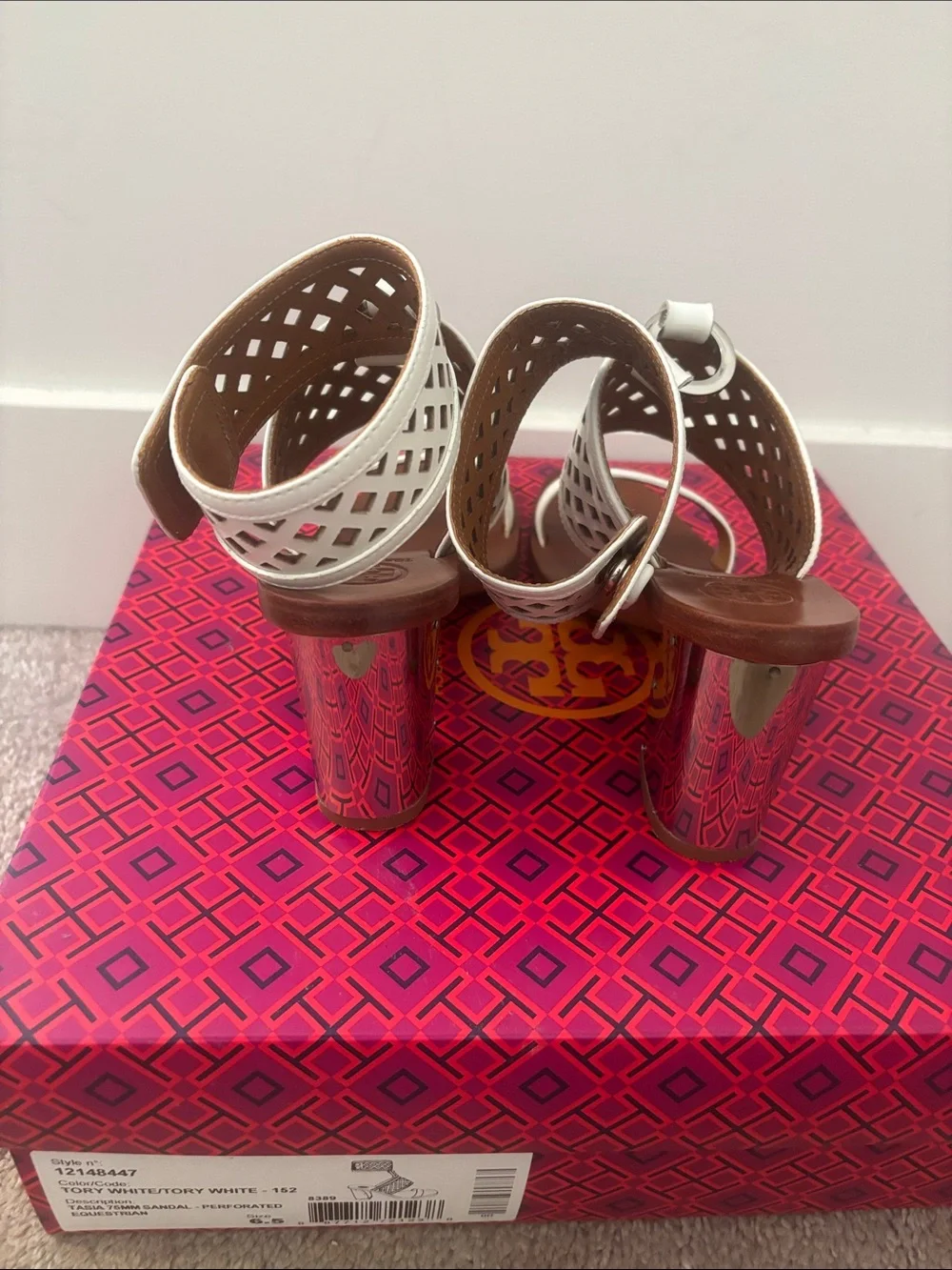 Tory Burch White Perforated Leather Block Heel Sandals